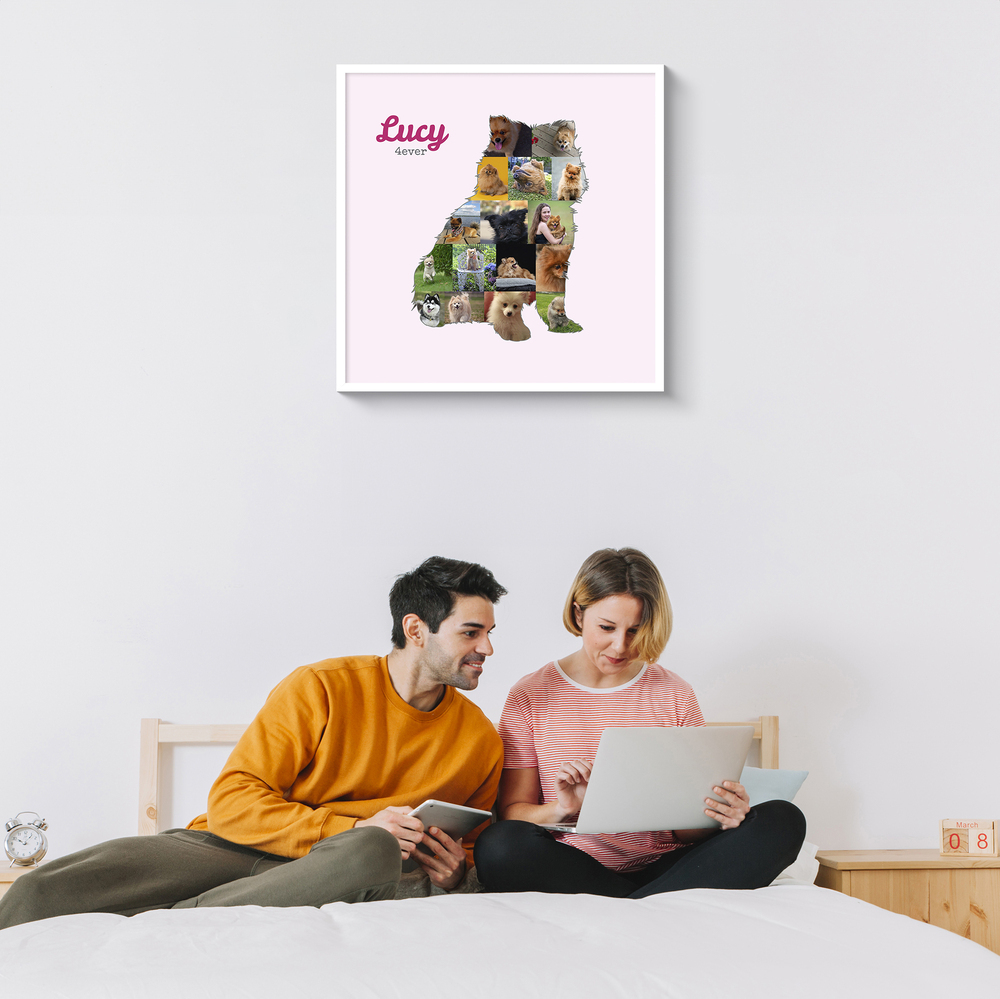 Collage di foto a forma di volpino di Pomerania seduto, con nome e fondo rosa, in cornice bianca sopra il letto