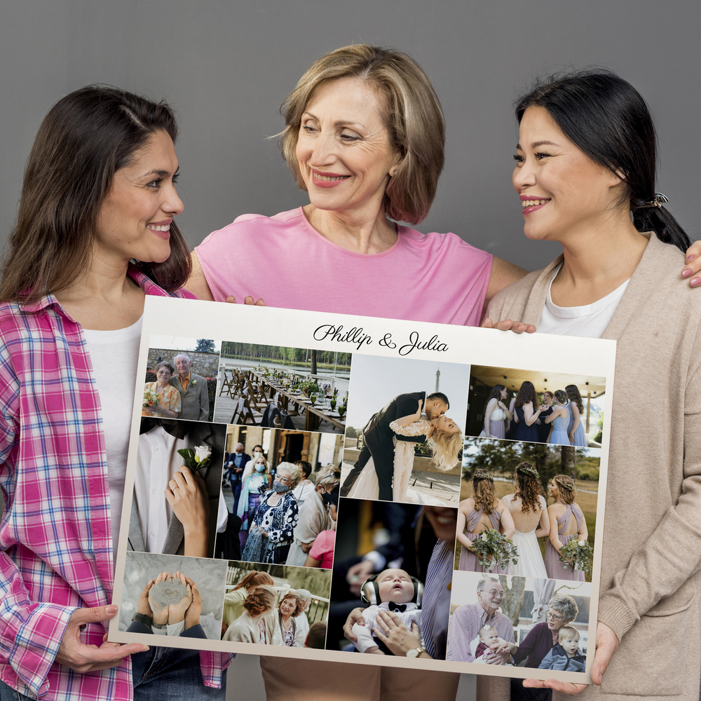 Tela con 11 foto di nozze e nomi degli sposi, presentata su sfondo grigio come regalo di matrimonio personalizzato