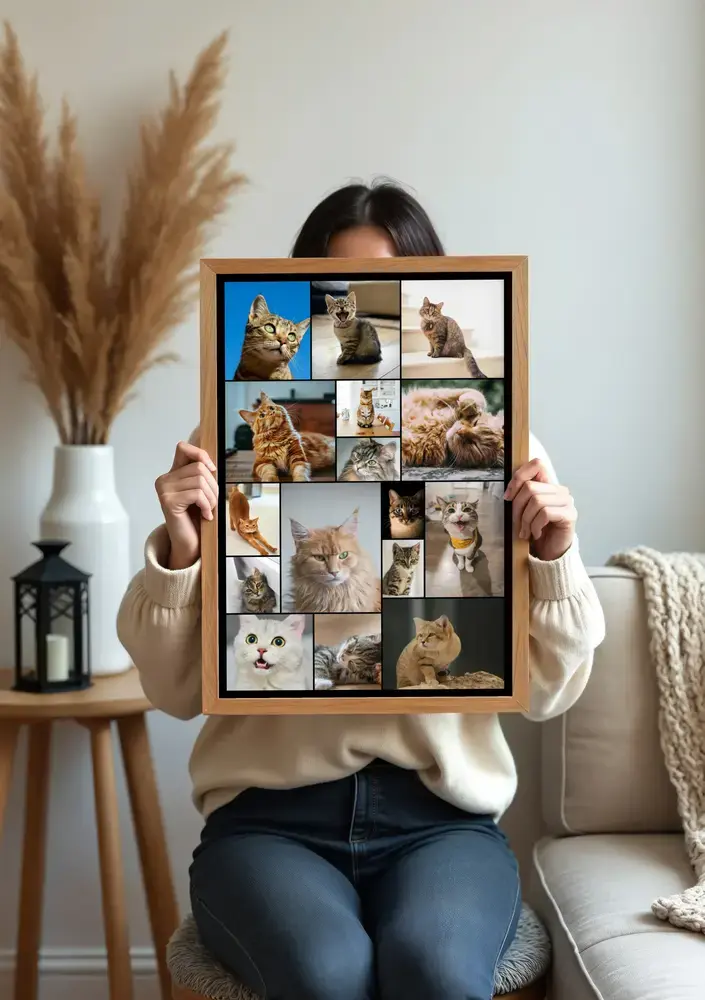 Collage verticale di gatti con cornice in legno e foto di varie dimensioni, in soggiorno accanto a un vaso con pampas