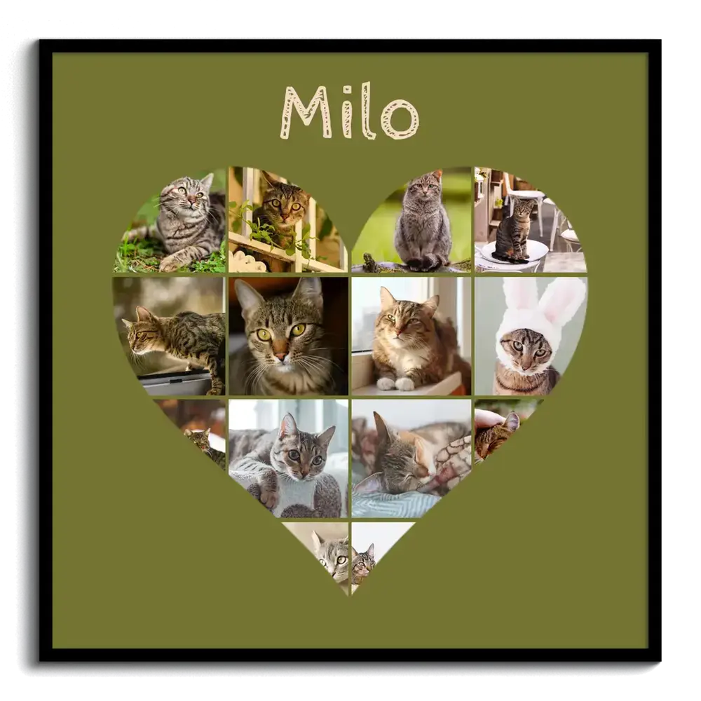 Collage di foto di gatti a forma di cuore su fondo verde oliva, personalizzato con nome e cornice nera