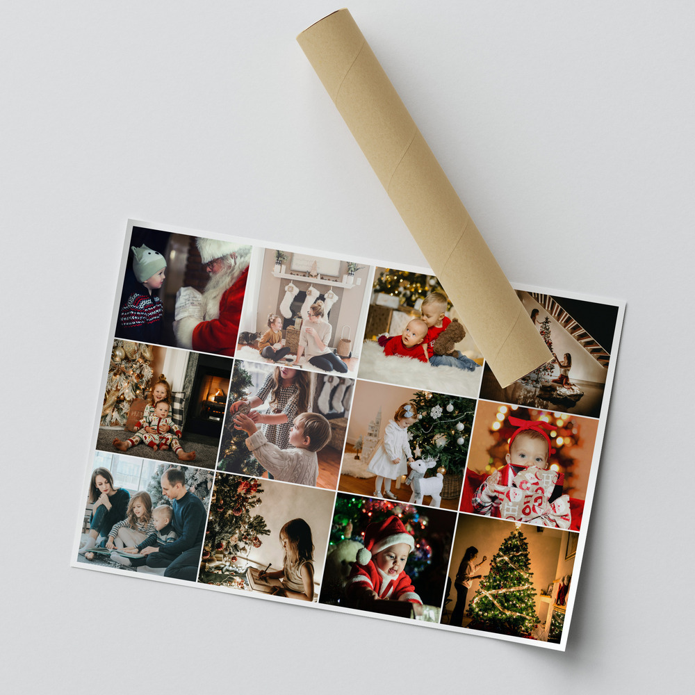 Poster con foto natalizie in una griglia e un angolo arrotolato, un’idea regalo per i genitori