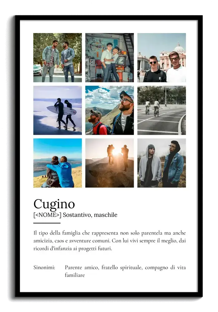 Poster per un cugino con nove foto e definizione stile dizionario, in cornice nera