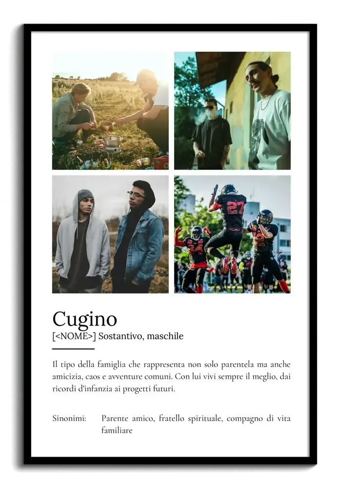 Poster per un cugino con collage di quattro foto e definizione stile dizionario, in cornice nera