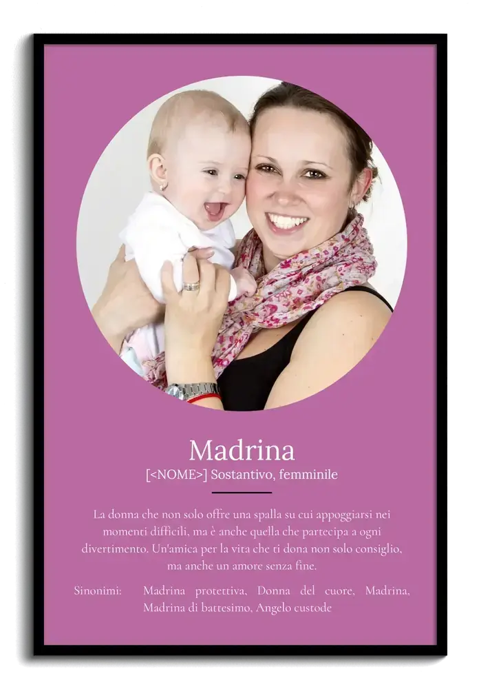 Poster per la madrina con definizione, foto rotonda e sfondo viola, in cornice nera