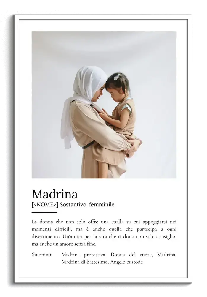 Poster con foto e definizione della madrina in stile dizionario, con sfondo bianco e cornice bianca