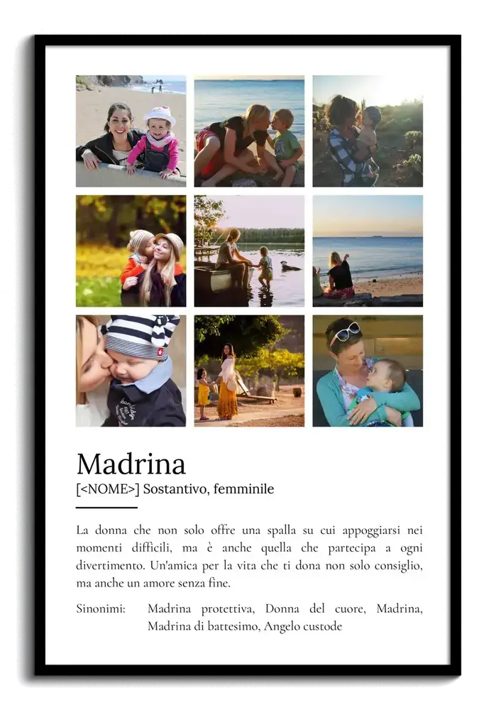 Poster per la madrina con nove foto a griglia e definizione personalizzata, in cornice nera