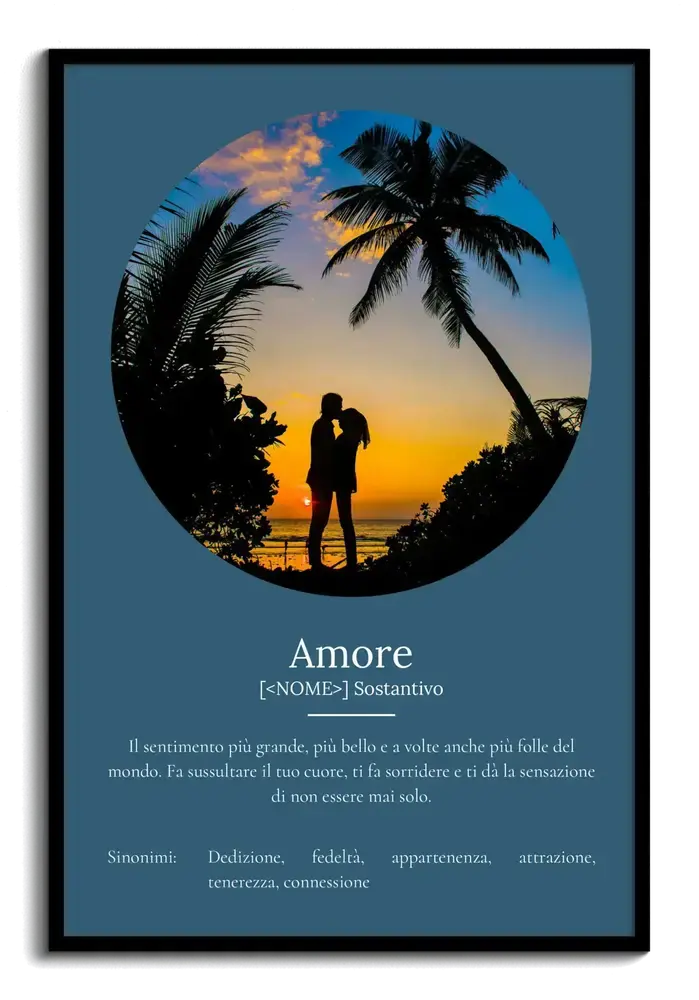 Poster blu con definizione dell’amore e foto tonda di una coppia sotto le palme, in cornice nera