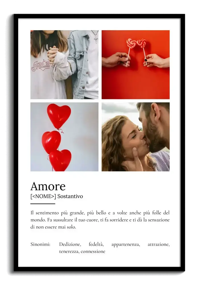 Poster con definizione dell’amore, collage di quattro foto con coppie e cuori, in cornice nera