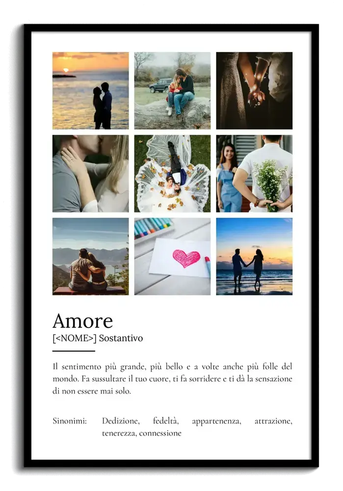 Poster in stile dizionario con definizione dell’amore e nove foto romantiche a griglia, in cornice nera
