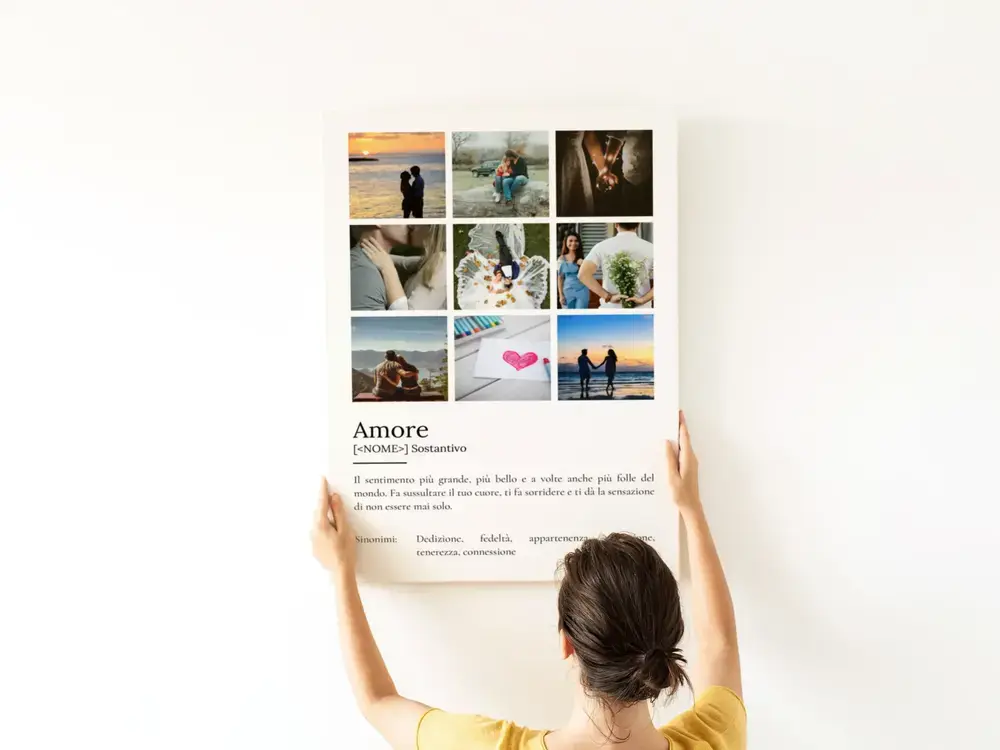 Poster con definizione dell’amore e nove foto su parete bianca: un regalo di coppia per San Valentino