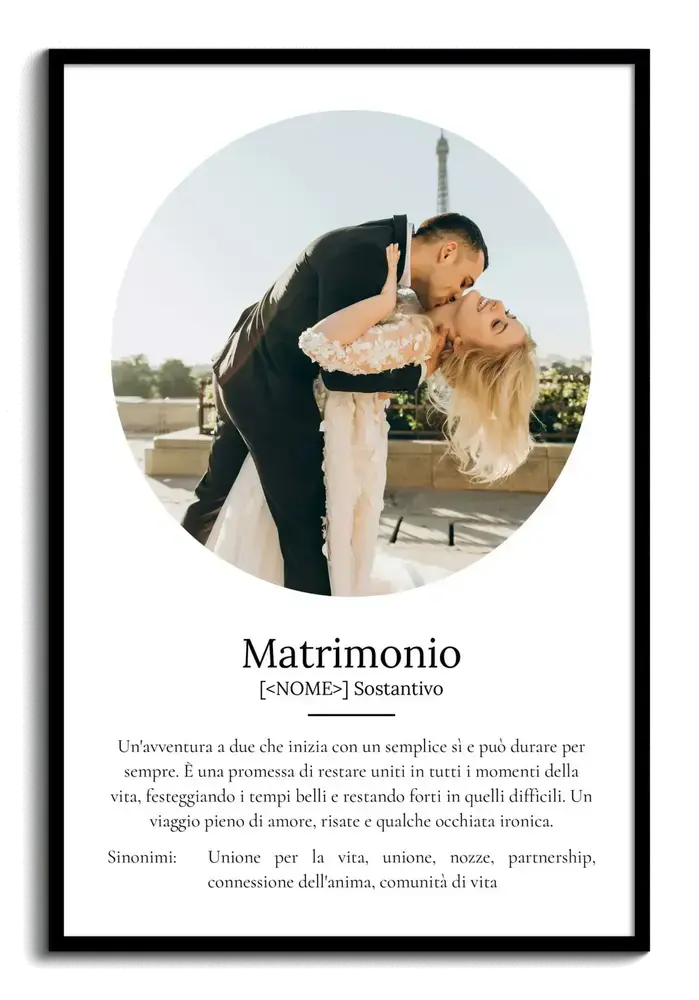 Poster sul matrimonio in stile dizionario, con foto tonda degli sposi su fondo bianco e cornice nera