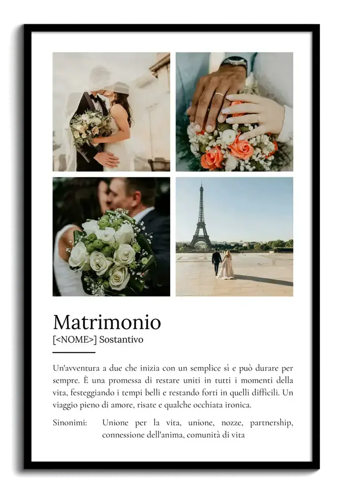 Poster in cornice nera con quattro foto di nozze e definizione del matrimonio in stile dizionario