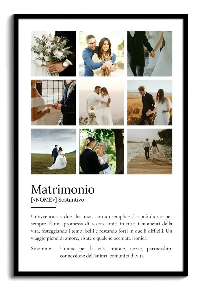 Poster con nove foto di nozze a griglia e definizione del matrimonio su fondo bianco, in cornice nera