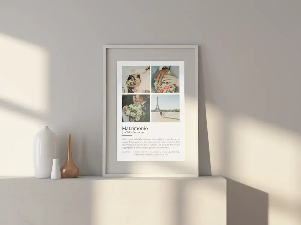 Poster con quattro foto e definizione del matrimonio, sulla credenza bianca: idea regalo per l’anniversario