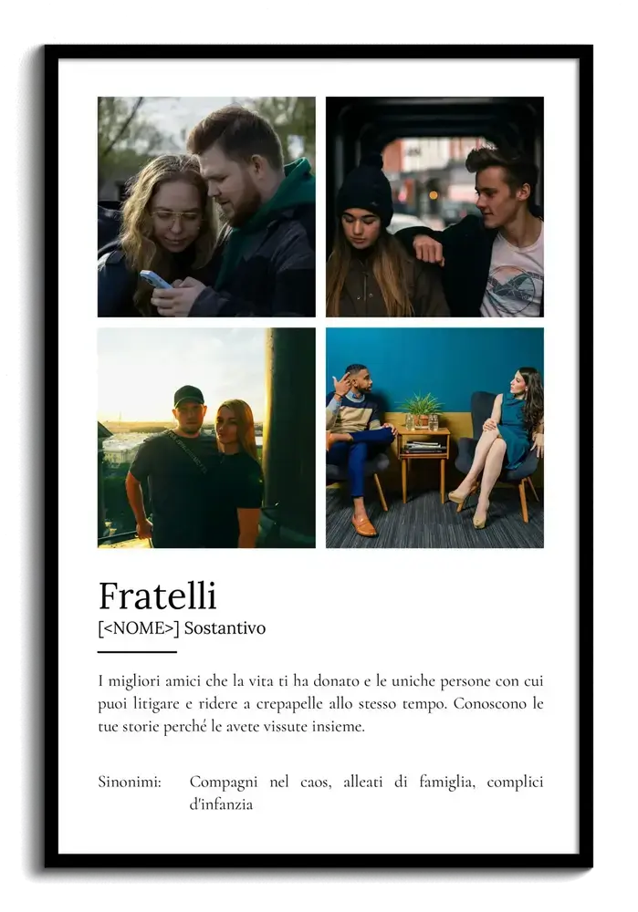Poster con quattro foto e definizione in stile dizionario, in cornice nera, idea regalo per fratello o sorella