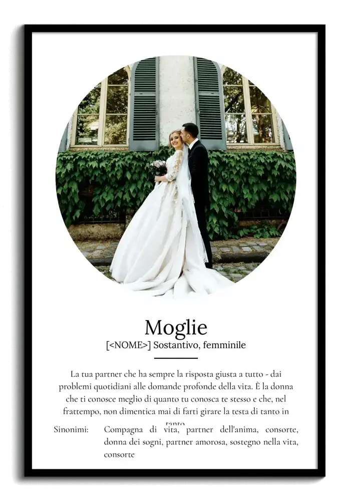 Poster con definizione della moglie e foto rotonda degli sposi, su fondo bianco in cornice nera