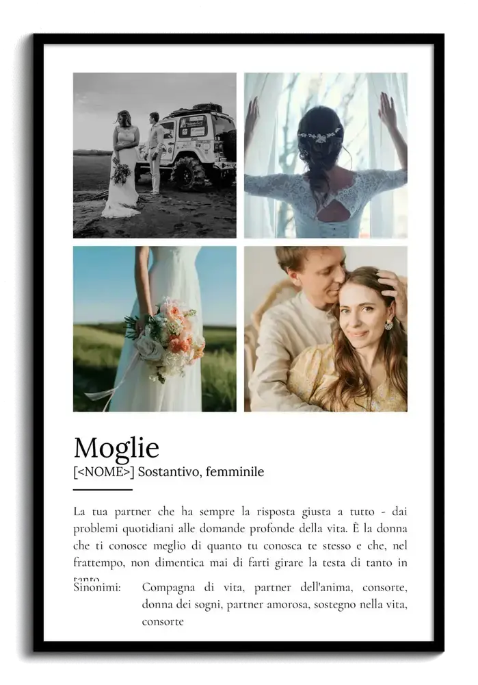 Poster stile dizionario dedicato alla moglie, con quattro foto di matrimonio su fondo bianco e cornice nera