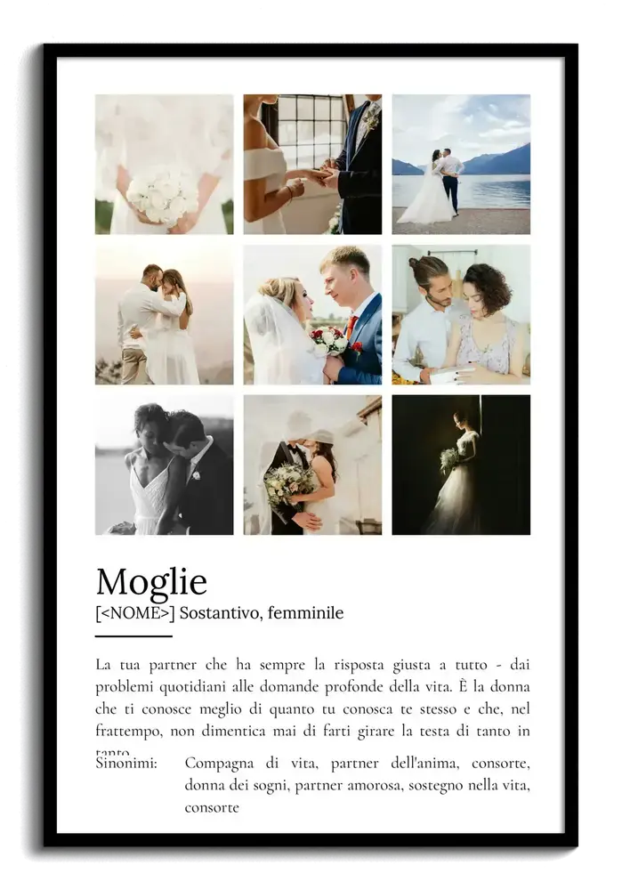 Poster con definizione della moglie e collage di nove foto di matrimonio, in cornice nera su fondo bianco