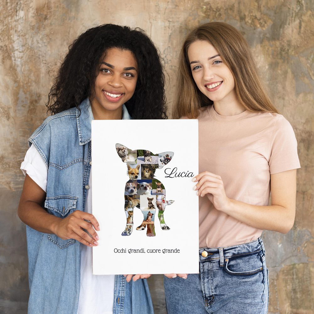 Stampa senza cornice con collage di foto a forma di Chihuahua, nome e dedica, regalo per chi ama i cani
