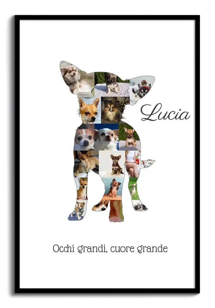 Collage di foto a forma di chihuahua con nome e dedica su fondo bianco, in cornice nera