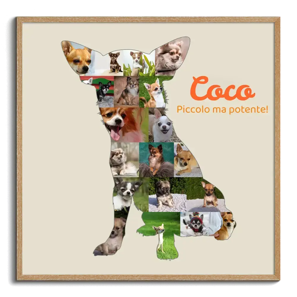 Collage fotografico a forma di chihuahua con nome e scritta arancione, fondo beige e cornice in legno naturale