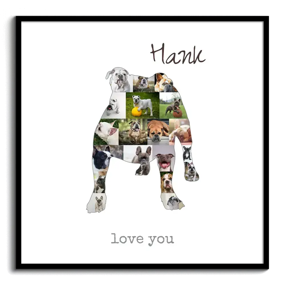Collage di foto a forma di Old English Bulldog in piedi, con nome e dedica, in cornice nera