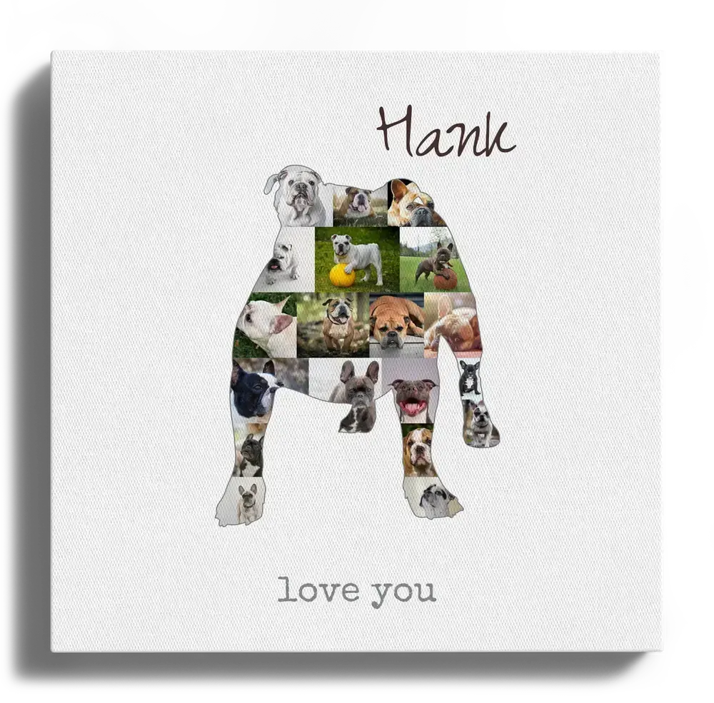 Tela bianca con collage di foto nella sagoma di un Old English Bulldog in piedi, personalizzata con nome e frase