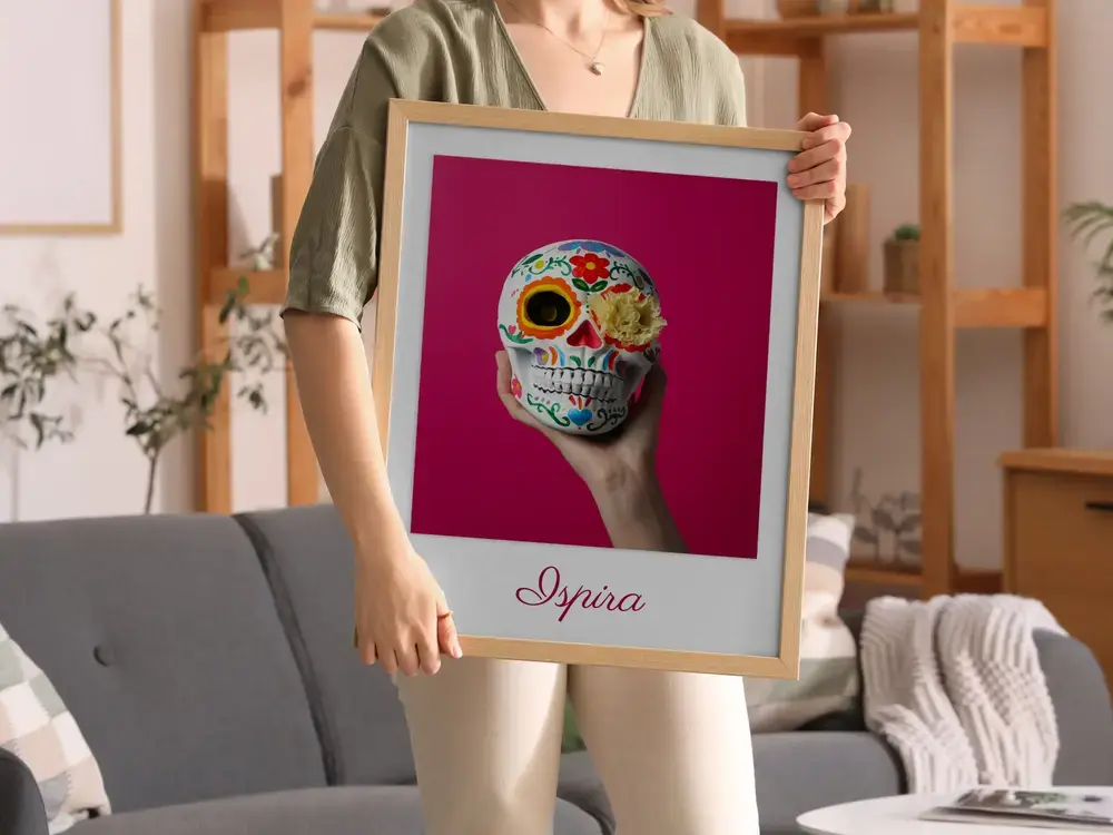 Poster personalizzato con teschio multicolore su fondo fucsia e scritta, in cornice di legno nel soggiorno