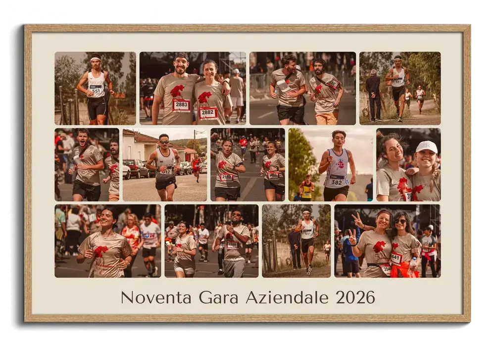 Collage di foto della corsa aziendale in cornice di legno naturale, con nome dell’azienda e anno