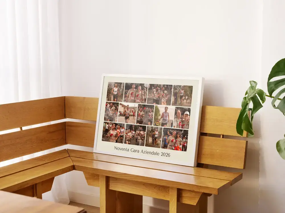 Collage fotografico della corsa aziendale con foto a griglia e testo, in cornice bianca su una panca di legno