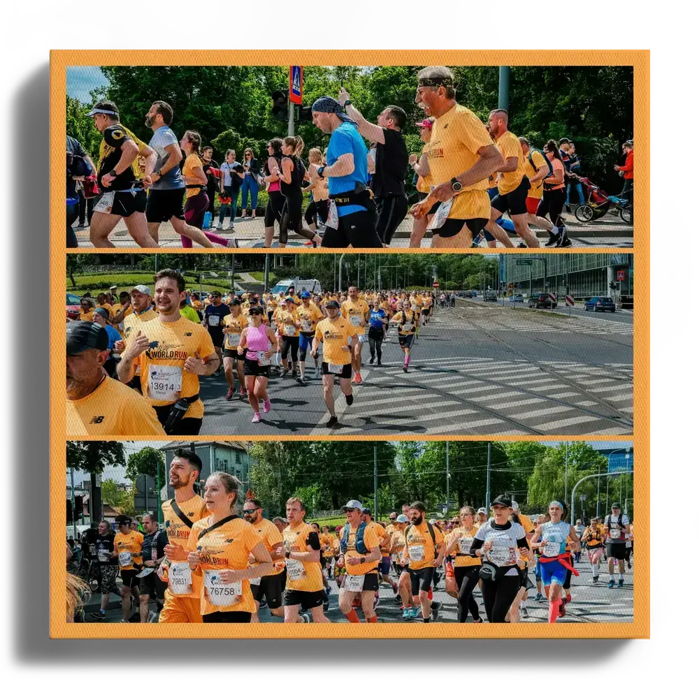 Collage su tela della corsa aziendale con tre foto panoramiche e bordo arancione, un regalo per il team