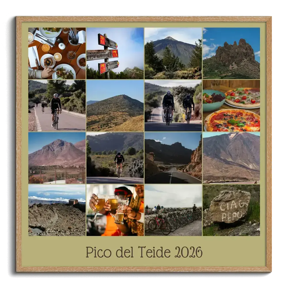 Collage di ciclismo in cornice di legno con 16 foto di montagne e soste, testo e anno