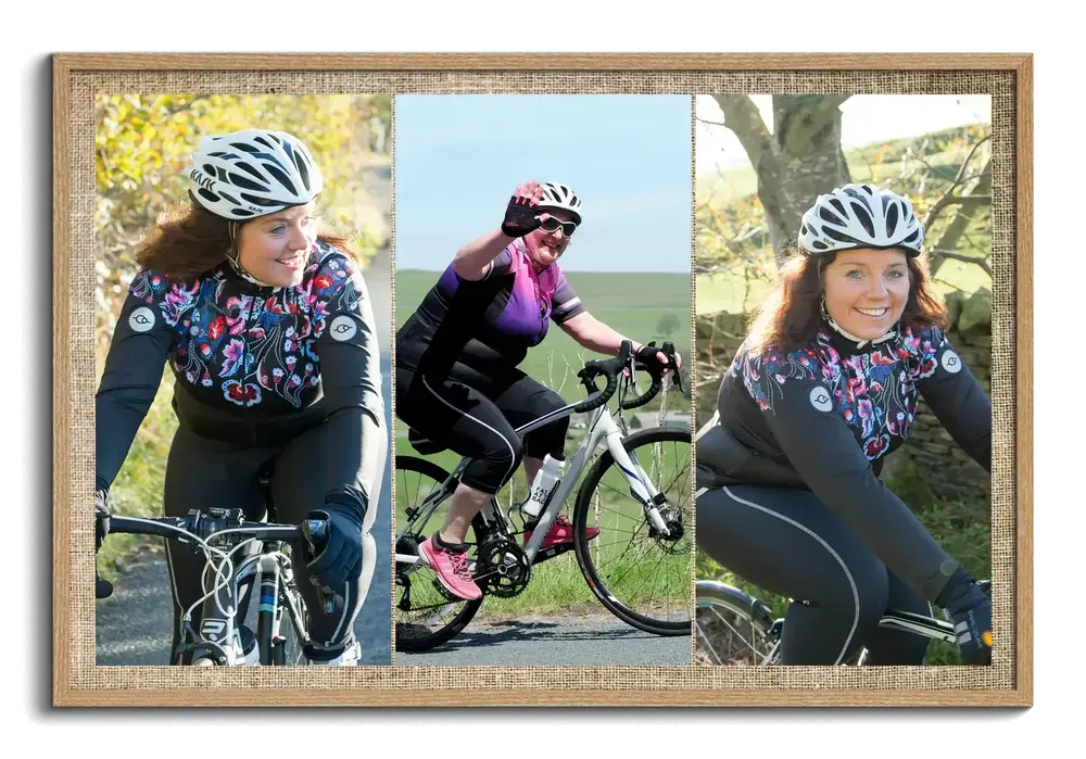 Collage orizzontale in cornice di legno naturale con tre foto verticali affiancate di una ciclista