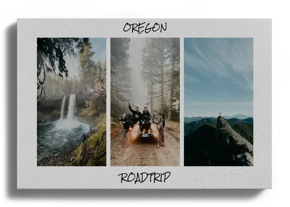 Collage di foto di viaggio su tela con tre scatti verticali di cascata, bosco e montagne e testo personalizzato