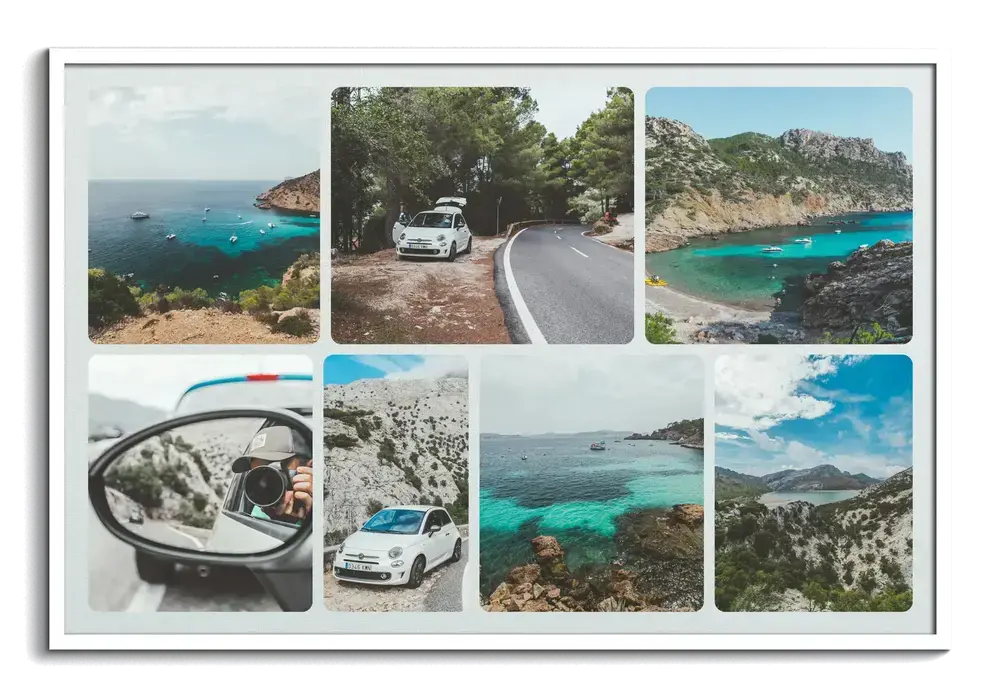 Collage di foto di viaggio in cornice bianca con sette scatti di un'utilitaria, strada costiera e baie turchesi