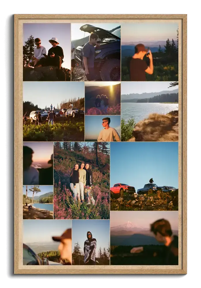 Collage verticale di foto di viaggio in cornice di legno naturale con amici, auto, paesaggi e tramonti