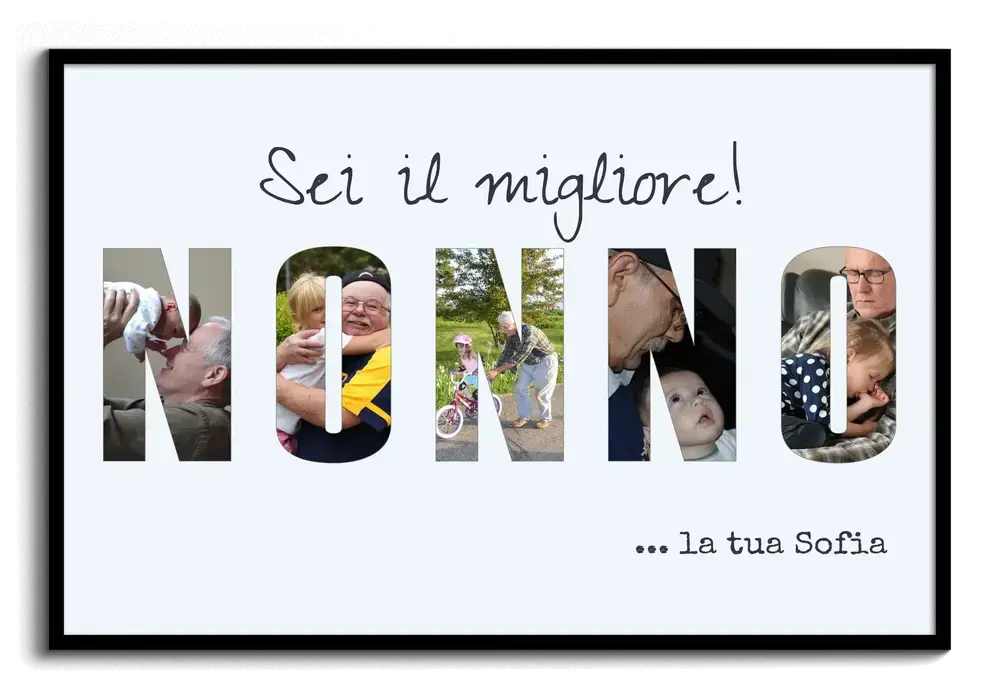 Collage di foto a forma di lettere con dedica e cornice nera, un regalo personalizzato per il nonno