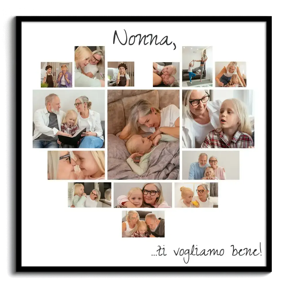Collage di foto a cuore su fondo bianco con cornice nera, un regalo personalizzato per la nonna