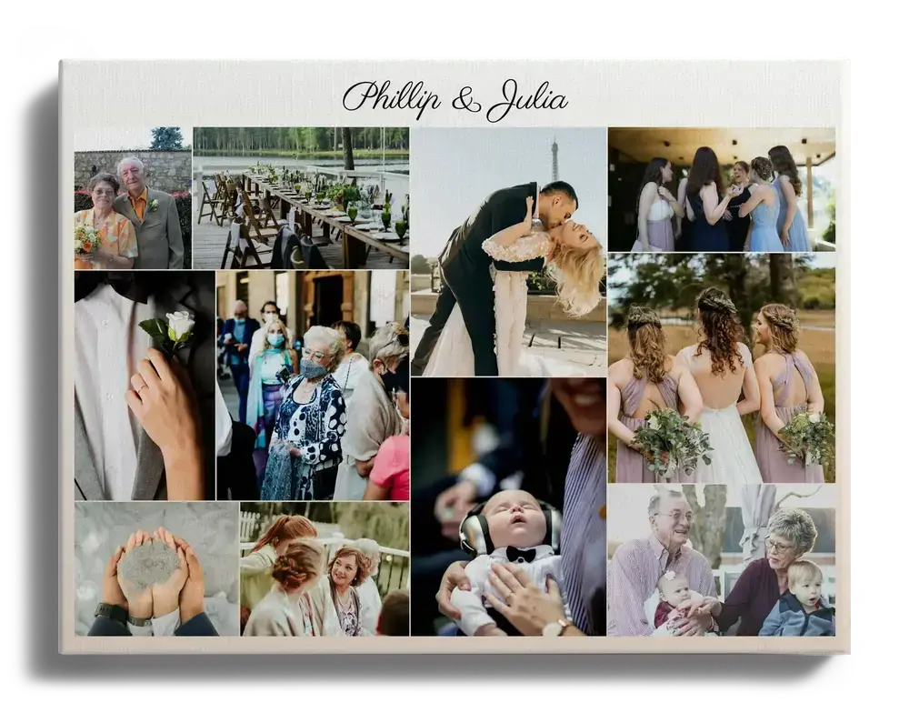 Collage di matrimonio su tela con 11 foto e i nomi degli sposi, presentato su sfondo nero