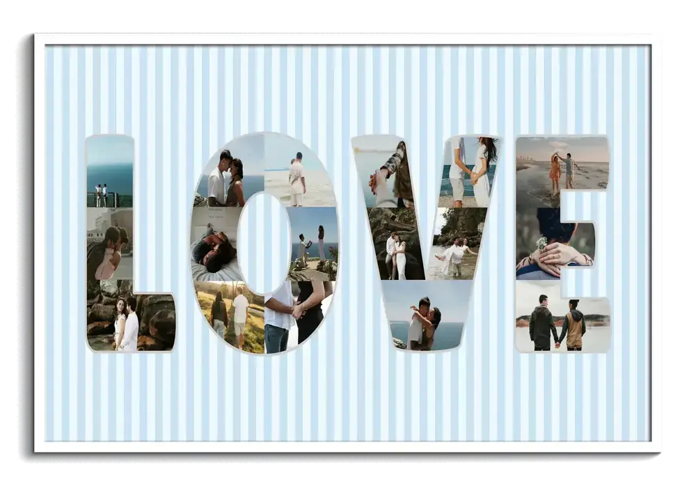 Collage fotografico come regalo di nozze, con lettere su fondo a righe azzurre e cornice bianca