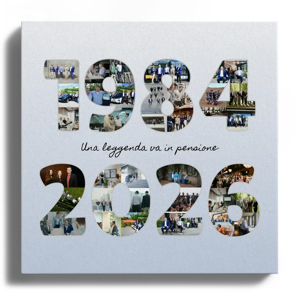 Collage su tela con due anni composti da foto del team e una frase per il pensionamento su sfondo azzurro chiaro