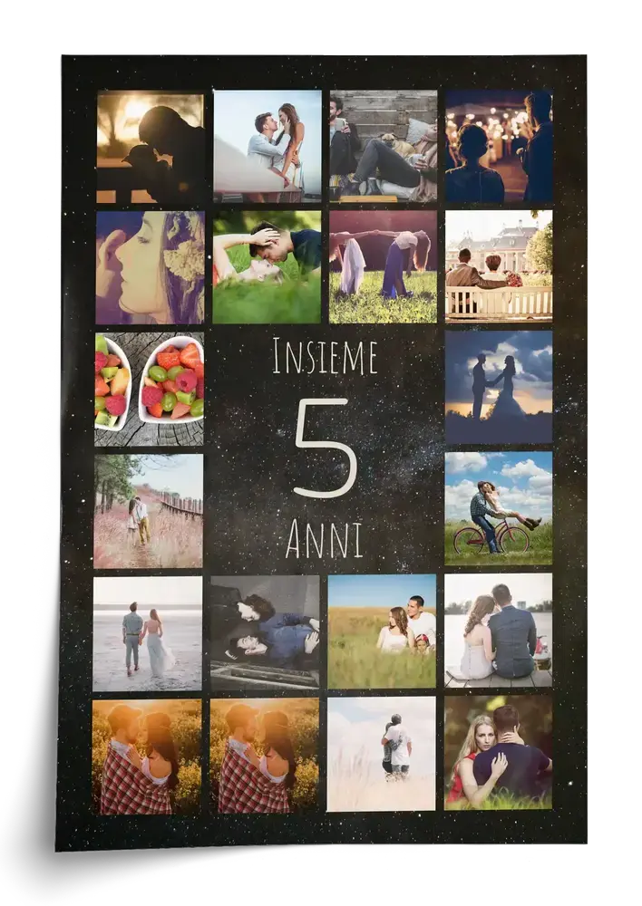 Poster con collage di foto attorno al numero 5 su fondo scuro, regalo per cinque anni insieme