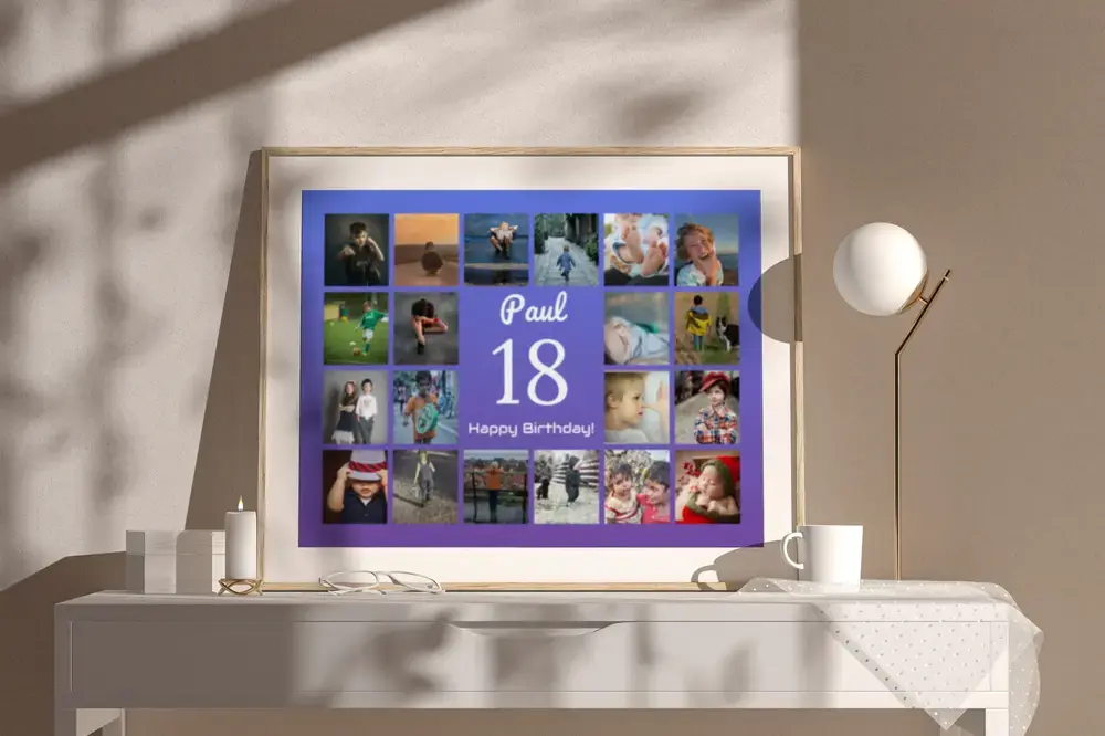 Collage di foto incorniciato con un grande 18 e nome su fondo blu e viola, su una cassettiera bianca accanto a una lampada