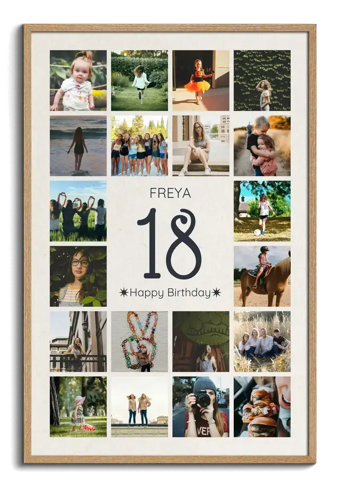 Collage di foto con un grande 18 e nome, in cornice di legno naturale, regalo personalizzato per il diciottesimo