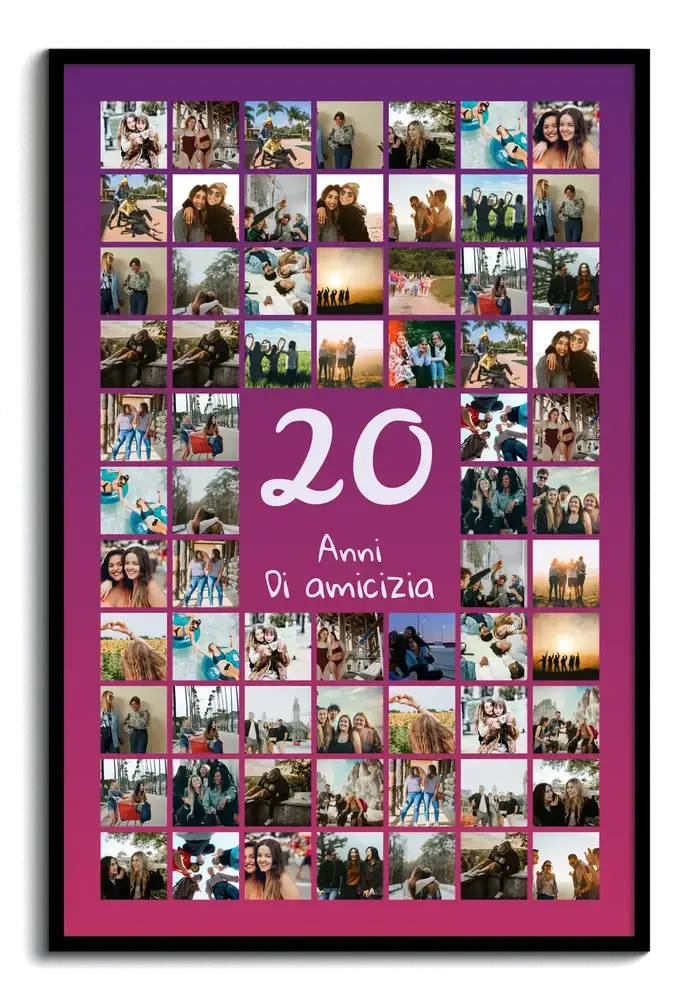 Collage di foto per 20 anni di amicizia con un grande 20 al centro, fondo viola e cornice nera