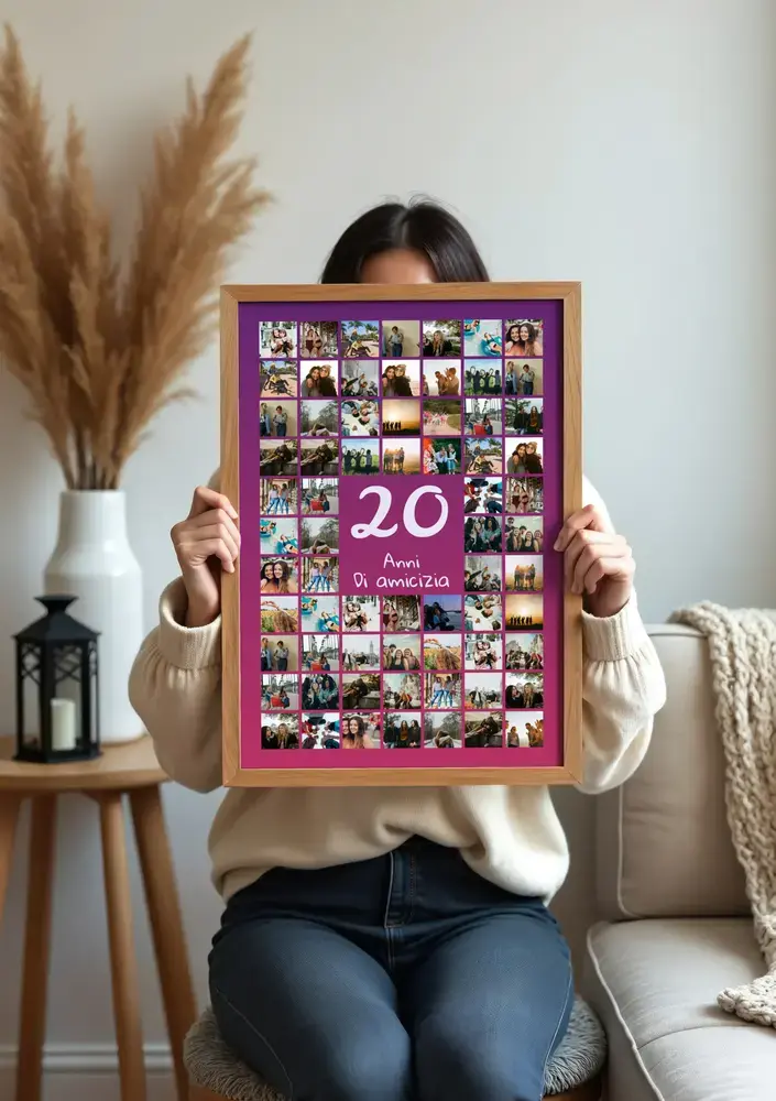 Collage fotografico viola con un grande 20 al centro, in cornice di legno in salotto, per 20 anni di amicizia