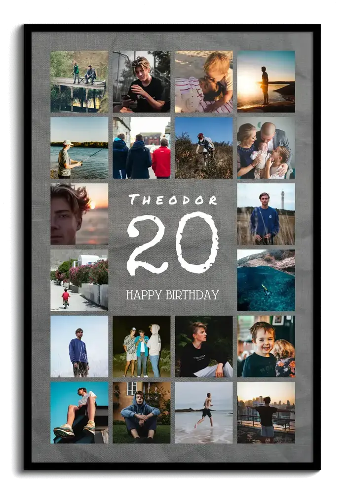 Collage di foto con un grande 20 e nome su fondo grigio, in cornice nera, regalo per il ventesimo compleanno
