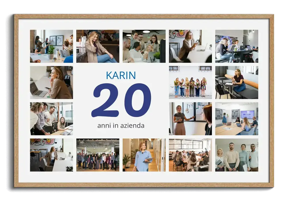 Collage di foto aziendali con nome e grande numero 20 blu, in cornice di legno naturale