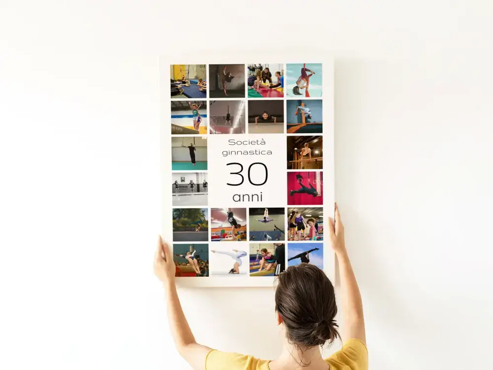 Collage di foto di ginnastica con un grande 30 al centro, appeso alla parete bianca per il 30° anniversario del club