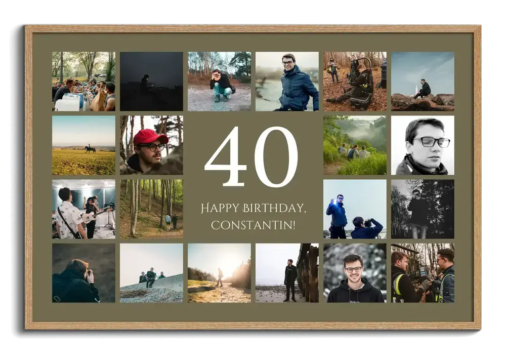 Collage per il 40° compleanno con foto all’aperto intorno a un grande 40 su fondo verde oliva, in cornice di legno
